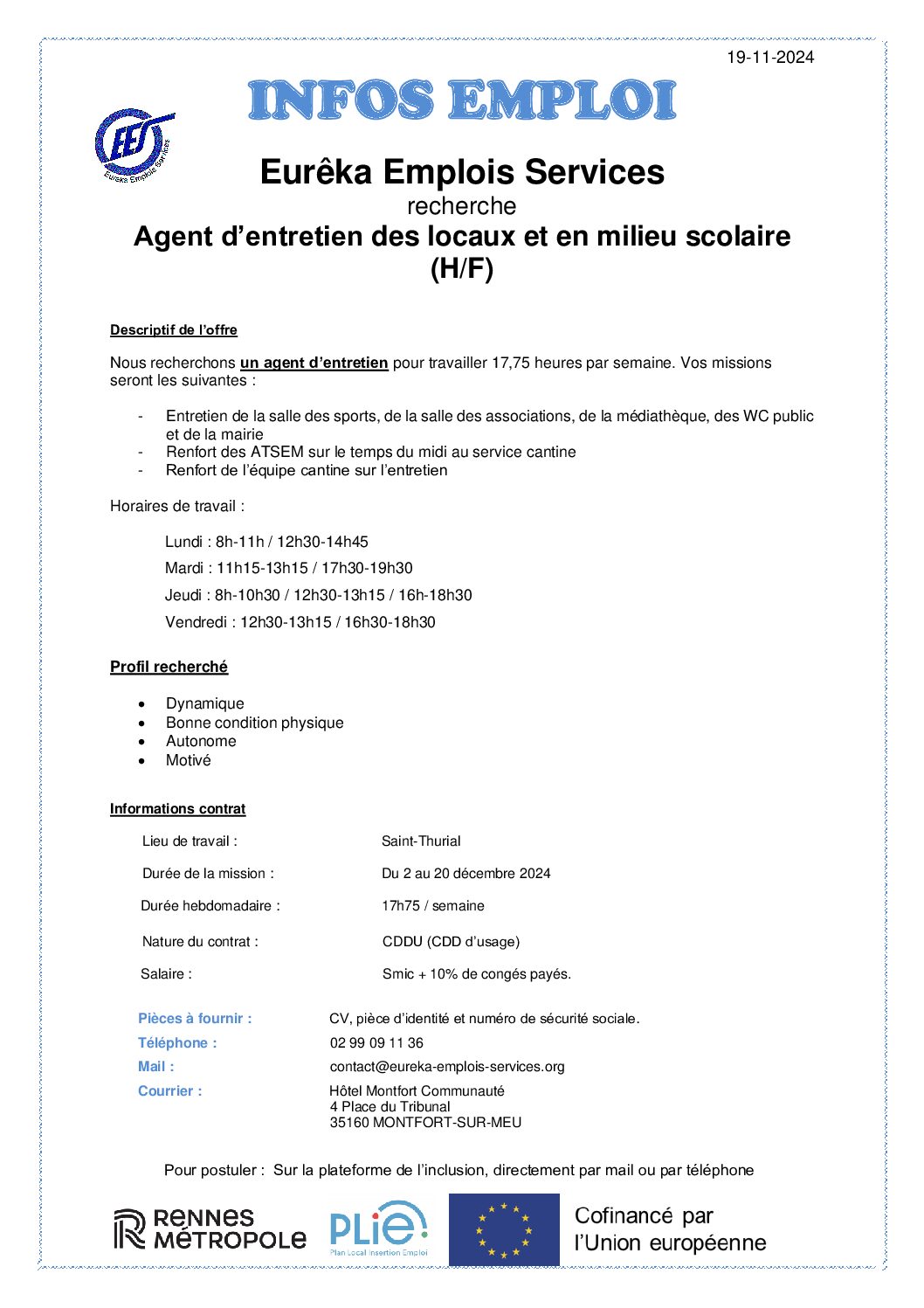 Agent d’entretien des locaux et en milieu scolaire (H/F) Saint-Thurial