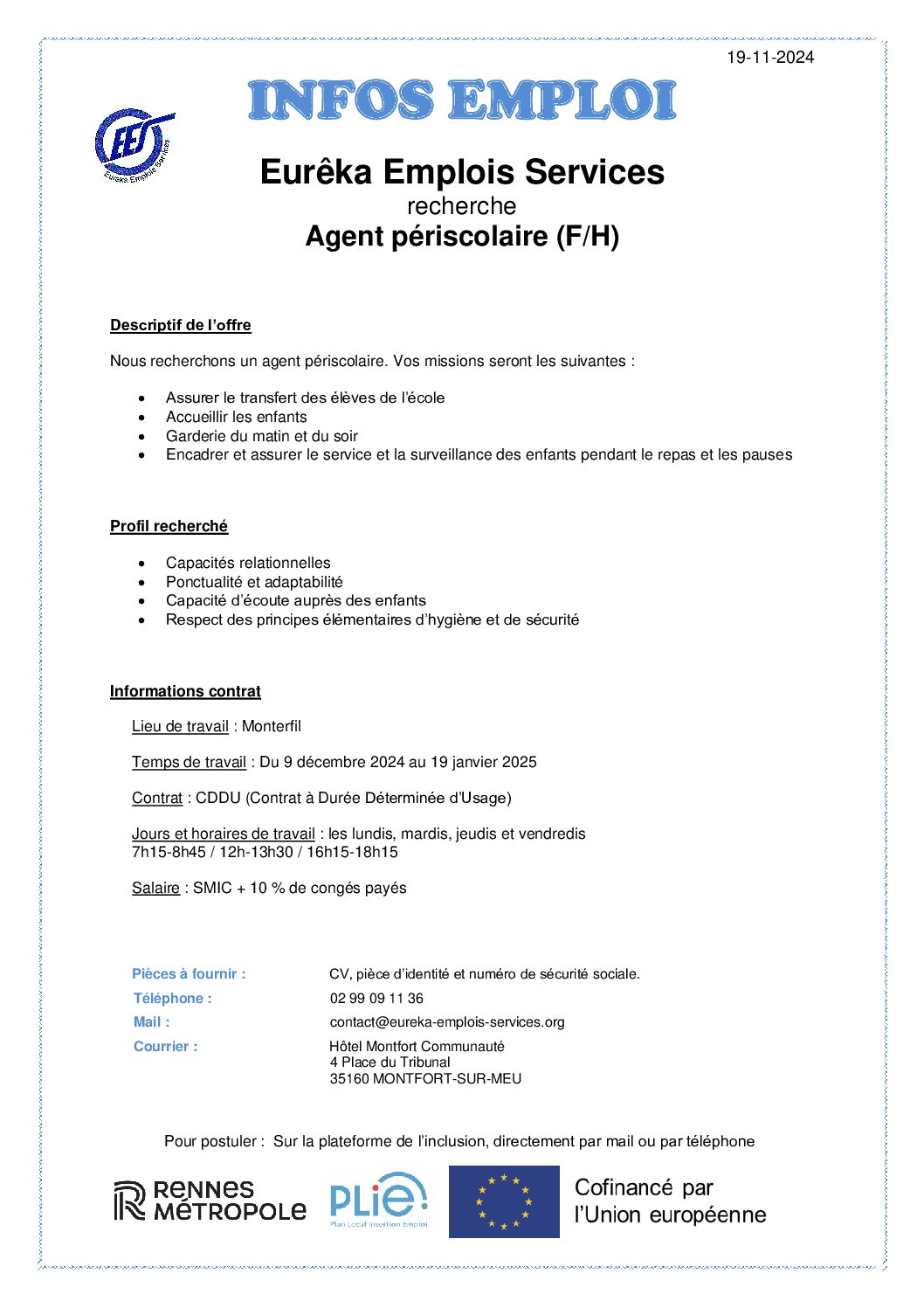 Agent périscolaire (F/H) Monterfil