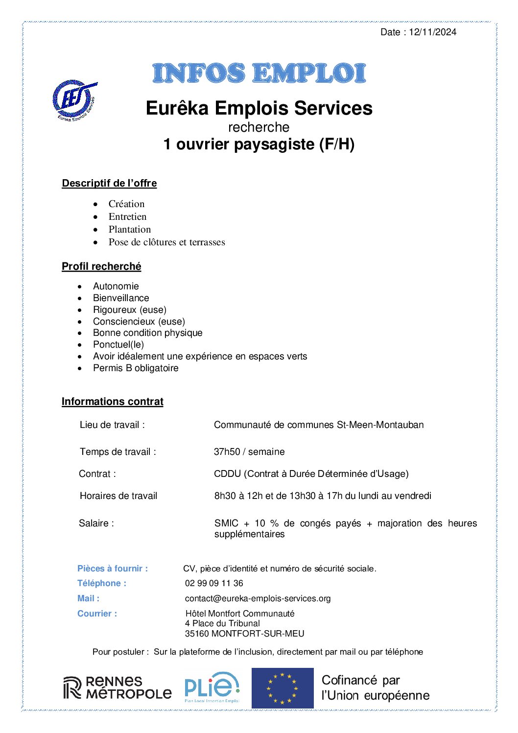 Ouvrier paysagiste (F/H) Communauté de Communes St Méen/Montauban